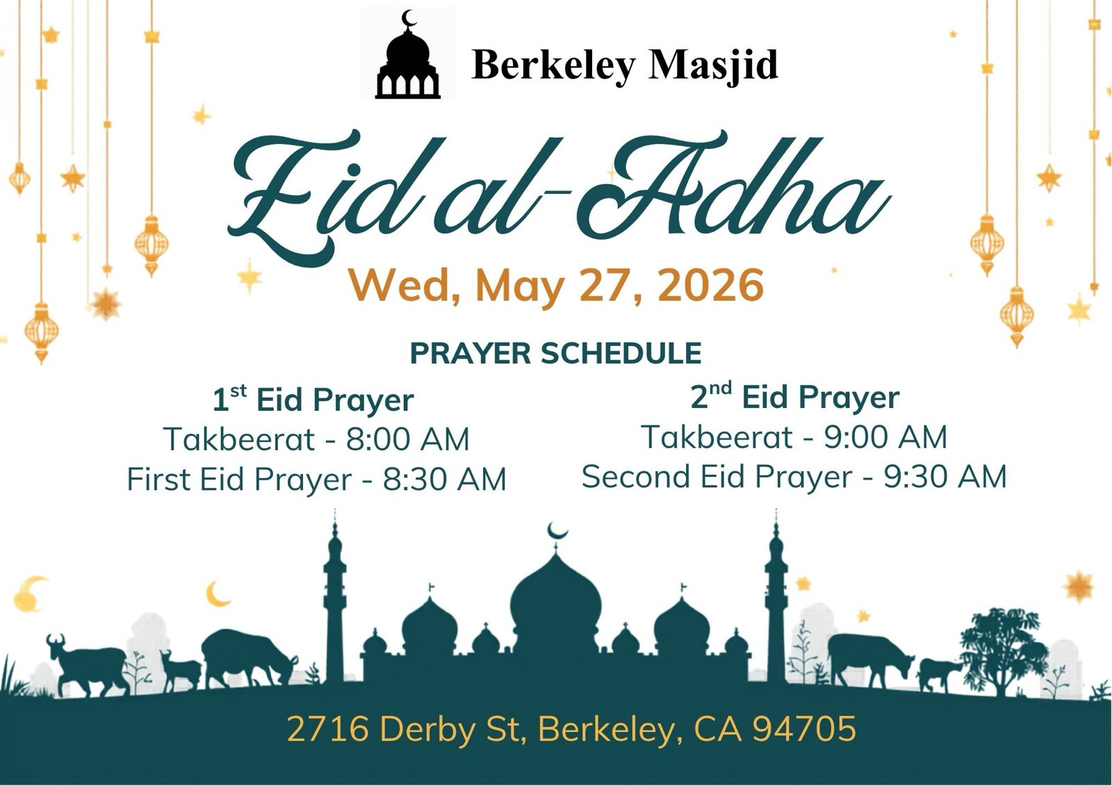 Eid al-Adha prayer schedule - First prayer 8:30 AM, Second prayer 9:30 AM, May 27, 2026