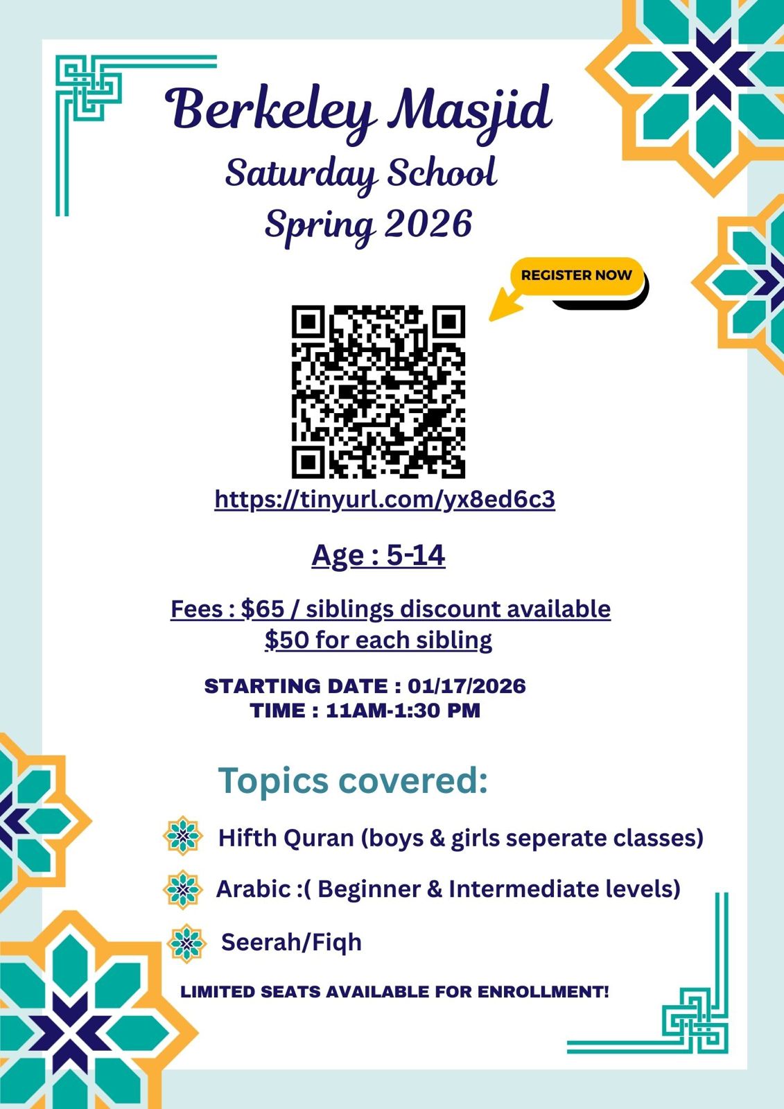 Berkeley Masjid Saturday School Spring 2026 - Click to Register